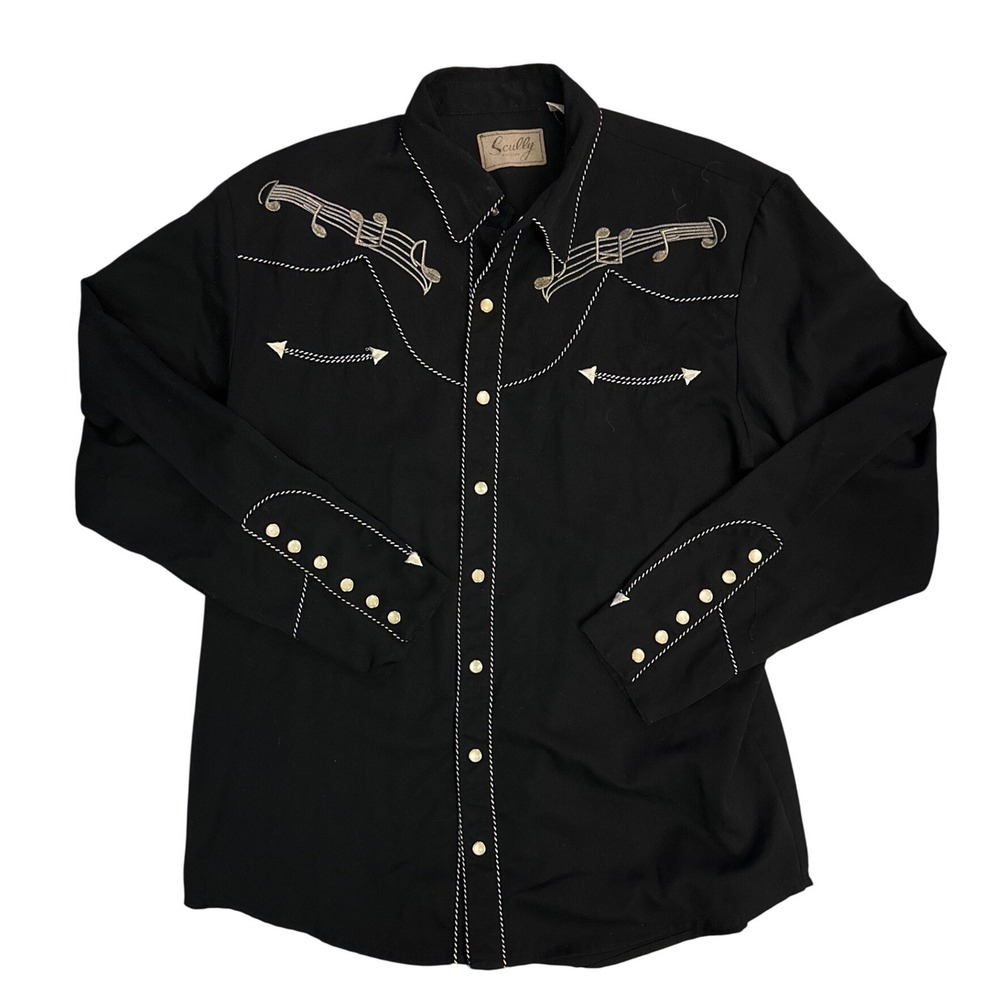 Scully Mens Black Musical Note Embroidered Western Pearl Snap Shirt P-627 Large